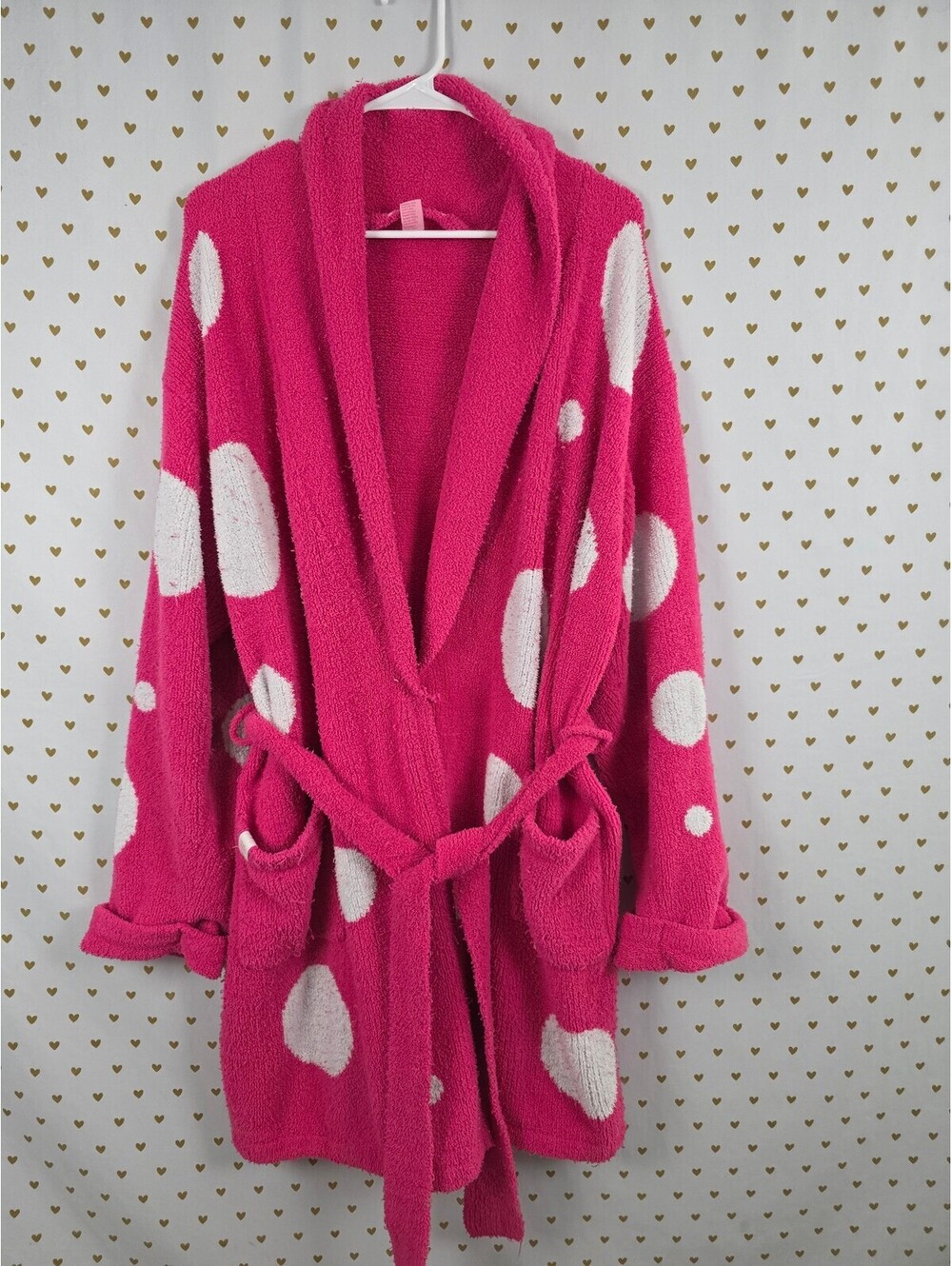 Vintage Victoria's Secret Pink White Polka Dot Plush Robe Belted Large